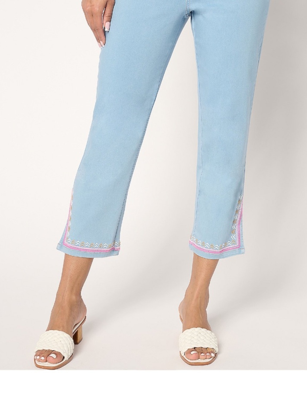 Susan Graver Regular Soft Stretch Embroidered Hem Crop Jeans-light wash